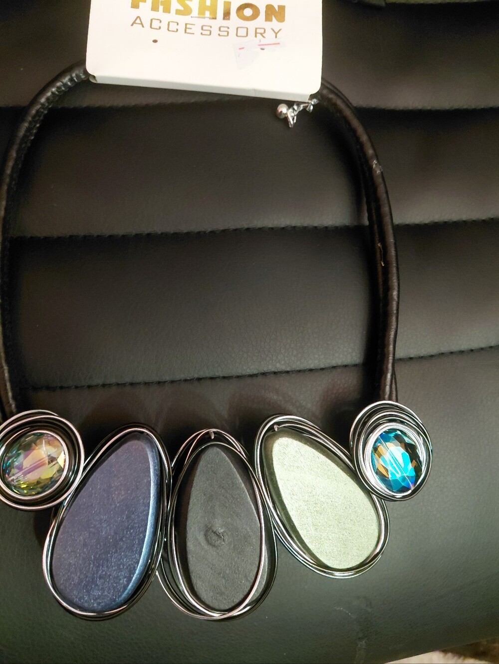 Women's Multistone Statement Necklace - Black with Blue, Green, Purple Accents
